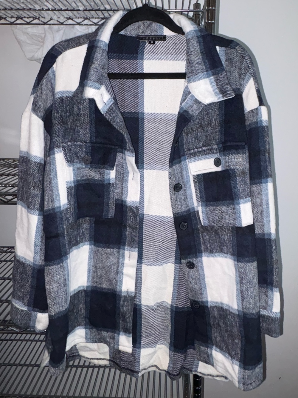 Womens Navy & White Plaid Button-Front Shacket